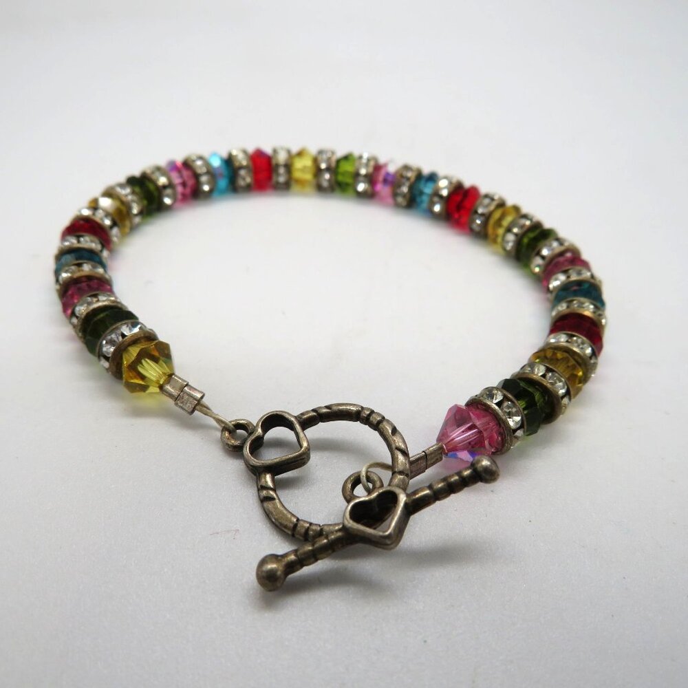 Colorful Beaded Bracelet 7" Gold‎ Tone Heart Toggle Clasp Rhinestone Spacers